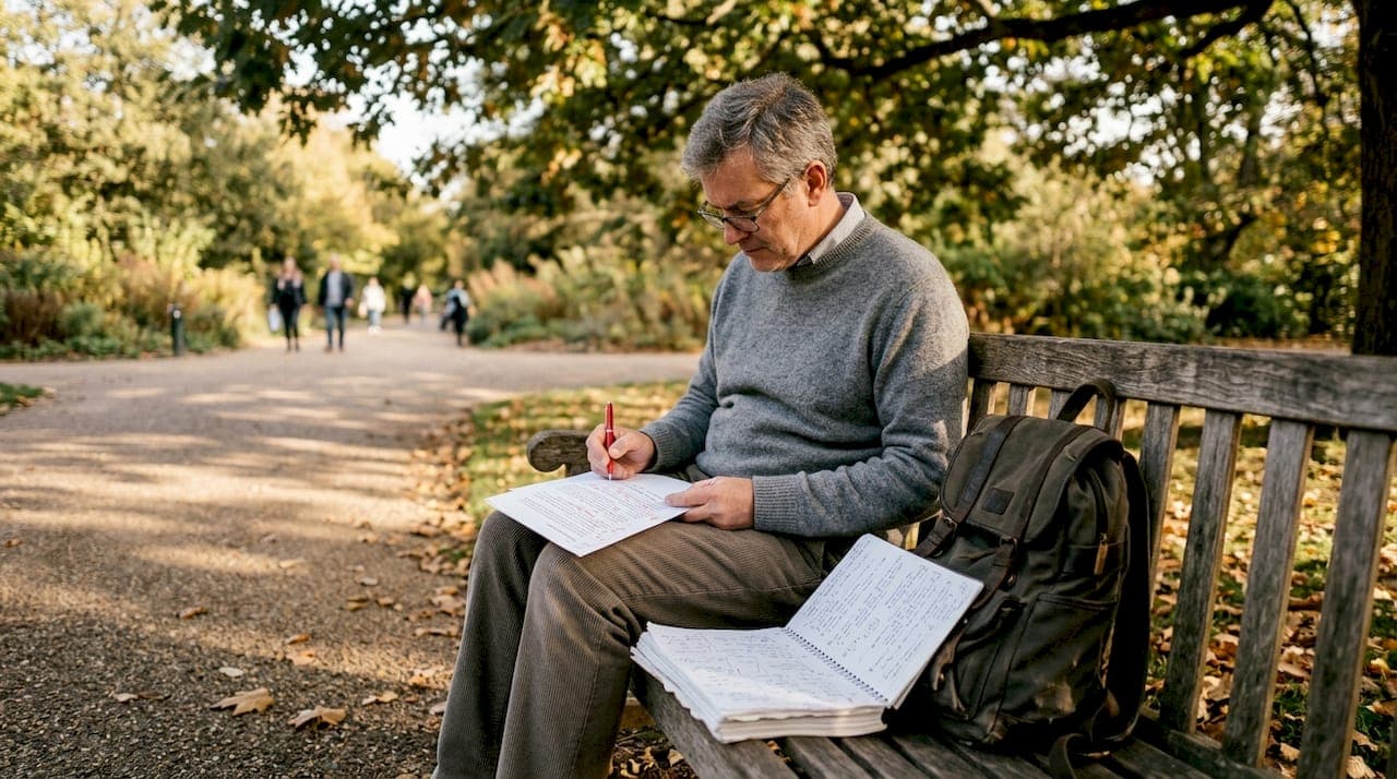Un universitaire édite un brouillon dessai dans un parc