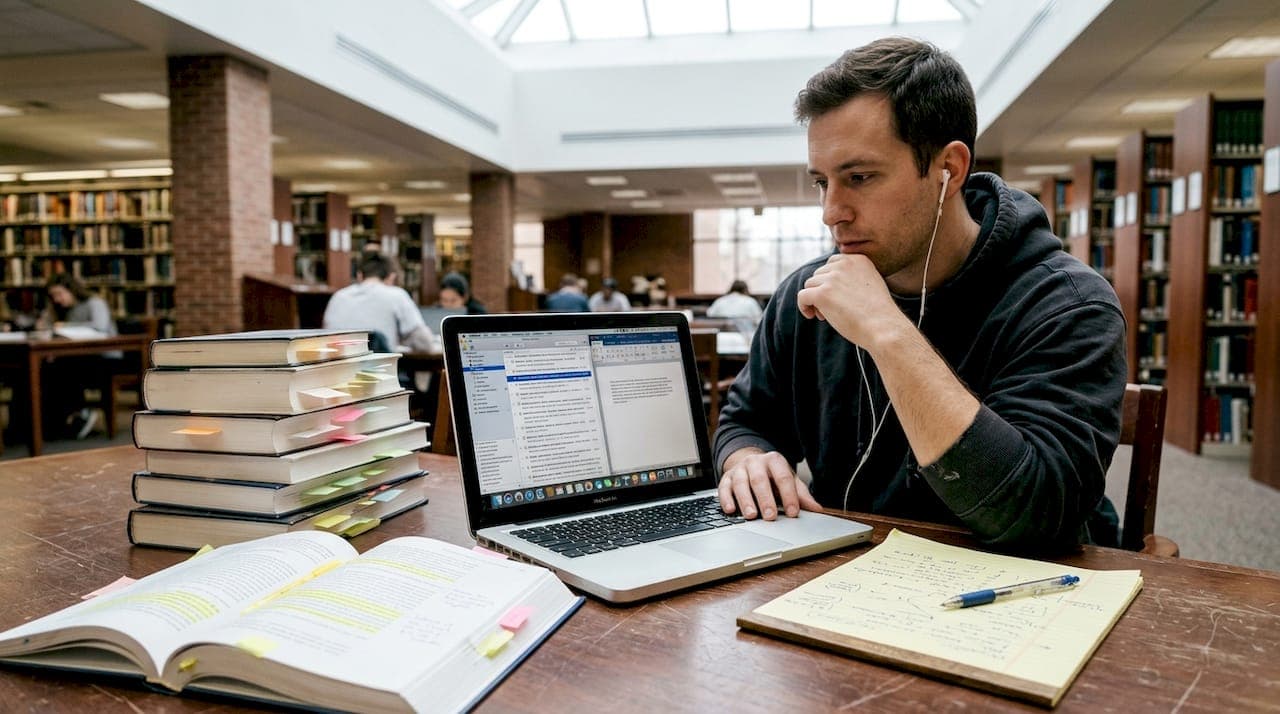 Étudiant diplômé organisant des citations pour un essai