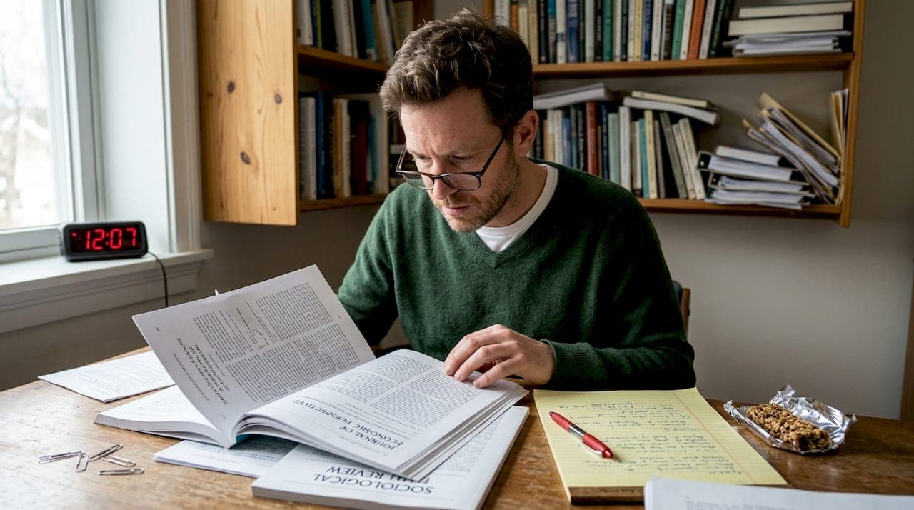 Acadêmico analisando pesquisa em mesa de escritório em casa