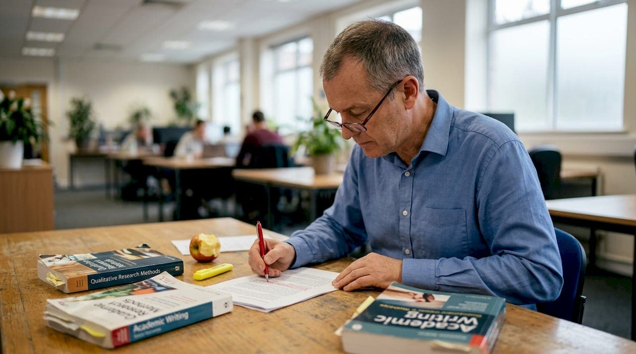 Profesor editando artículo académico con notas