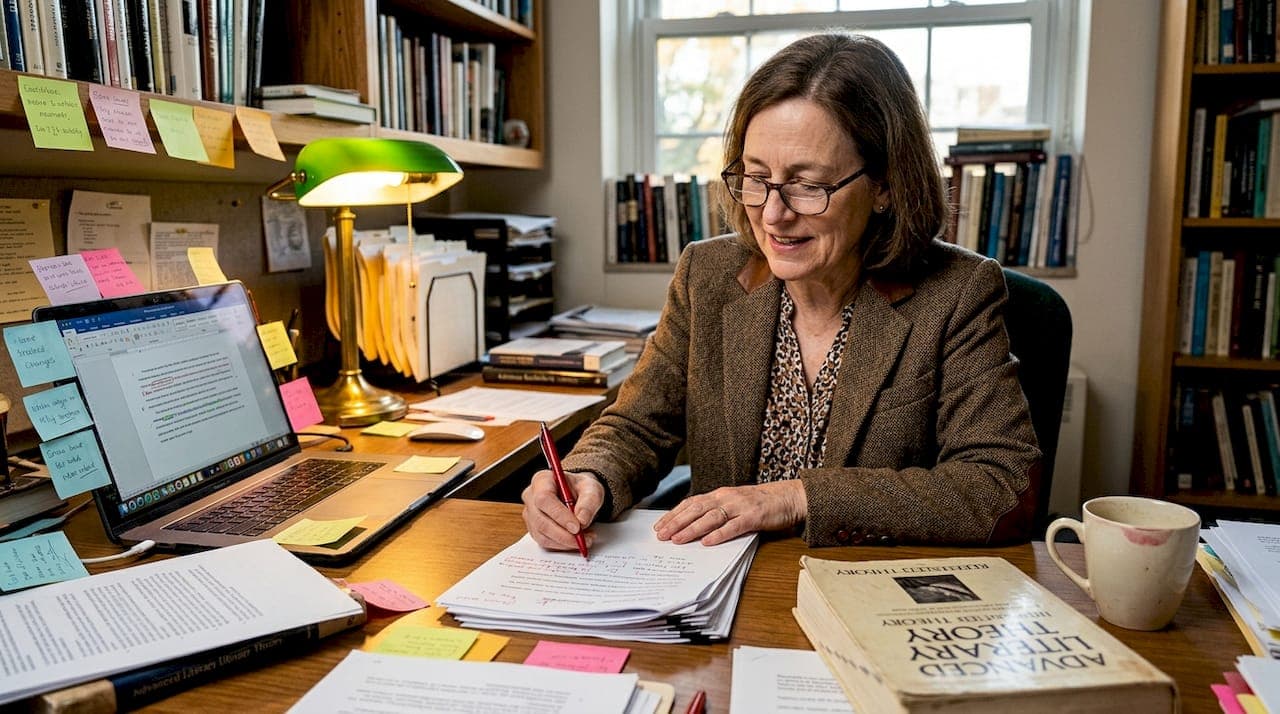 Professeur corrigeant des copies sur un bureau encombré