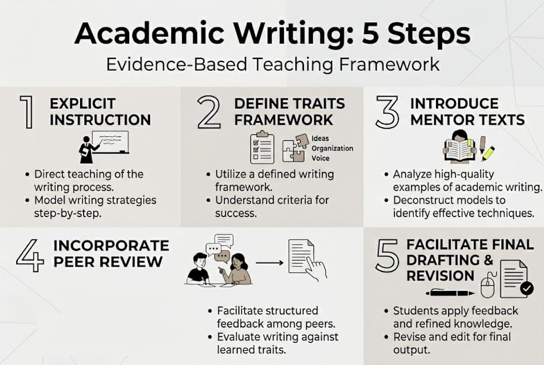 Infographic met vijf stappen om academisch schrijven te onderwijzen