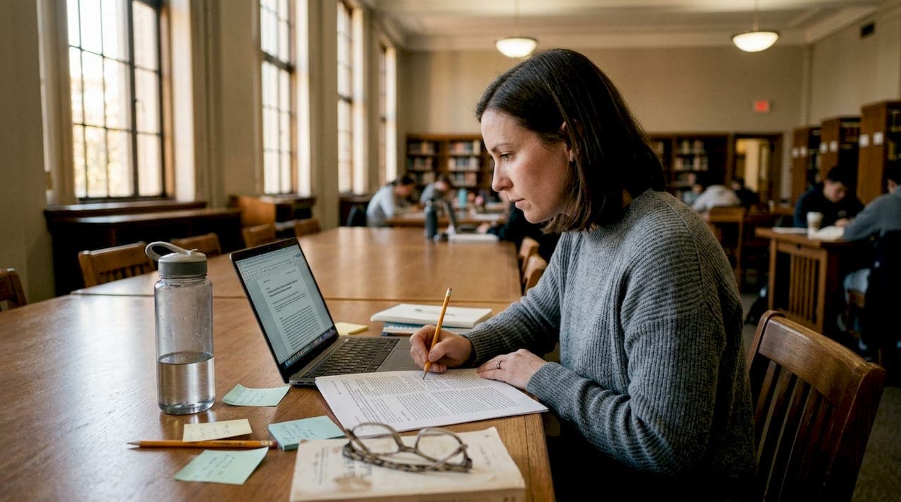 Mujer evaluando un artículo académico en la biblioteca