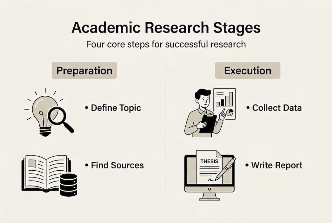 Infografía de las cuatro etapas del proceso de investigación académica