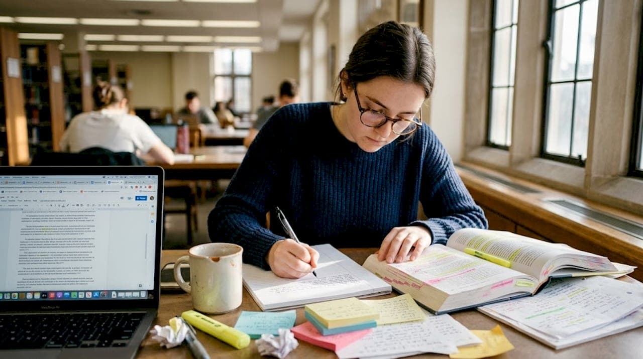 Estudiante redactando una cita en el texto en una mesa de biblioteca