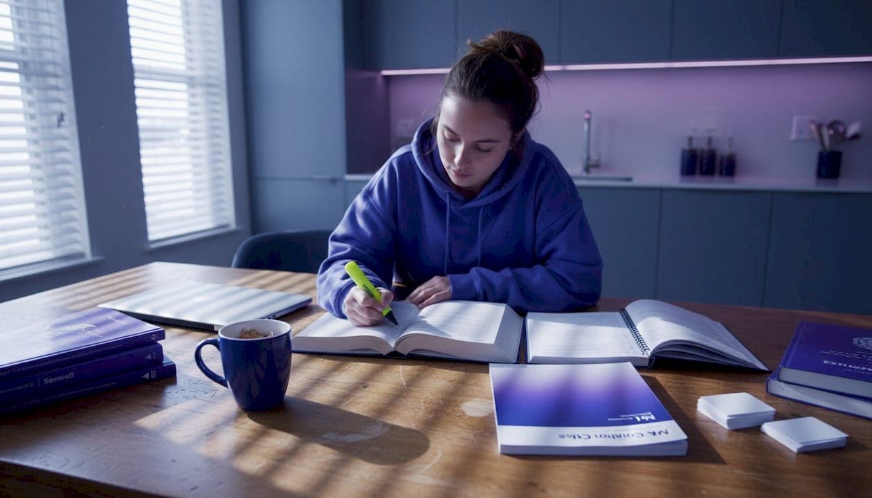 Estudiante consultando la guía de citas MLA en una mesa