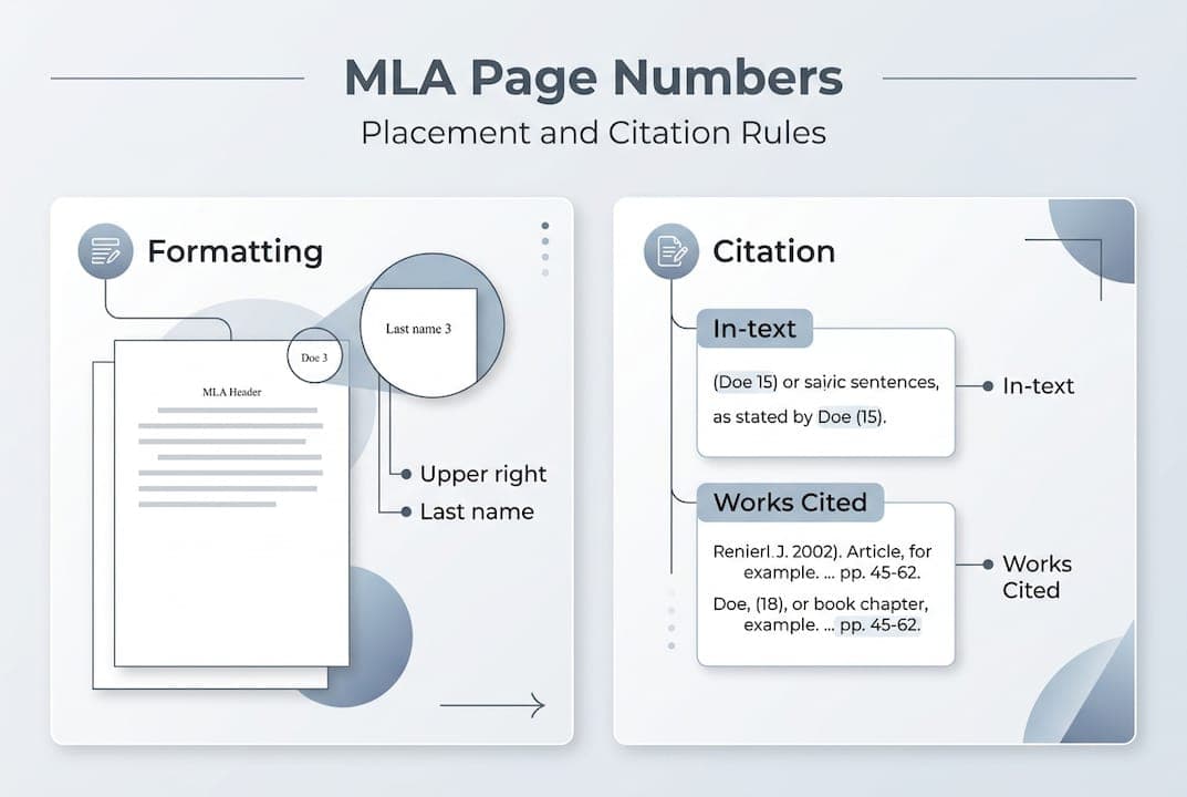Infografía que muestra la ubicación de la numeración de páginas en MLA y los conceptos básicos de citación