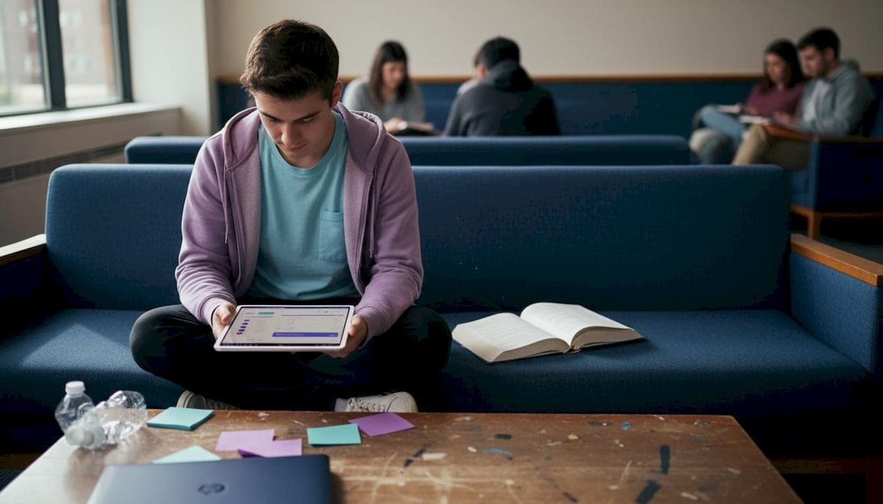 Student überarbeitet APA-Referenzen in einer Lounge