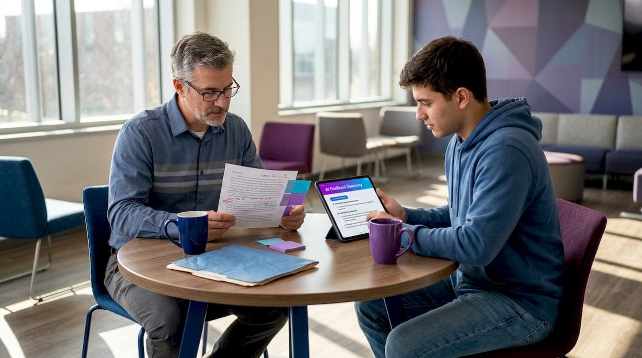 Profesor y estudiante comparando retroalimentación