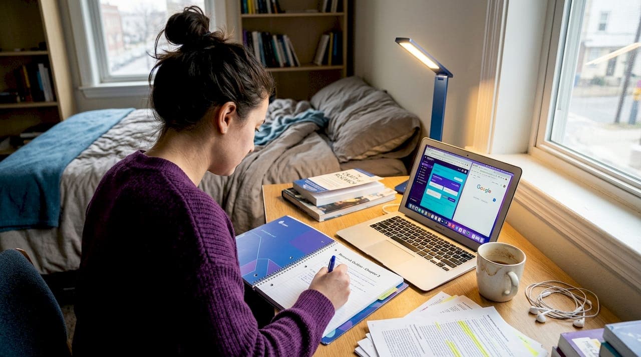 Estudiante haciendo el esquema de un trabajo académico en casa