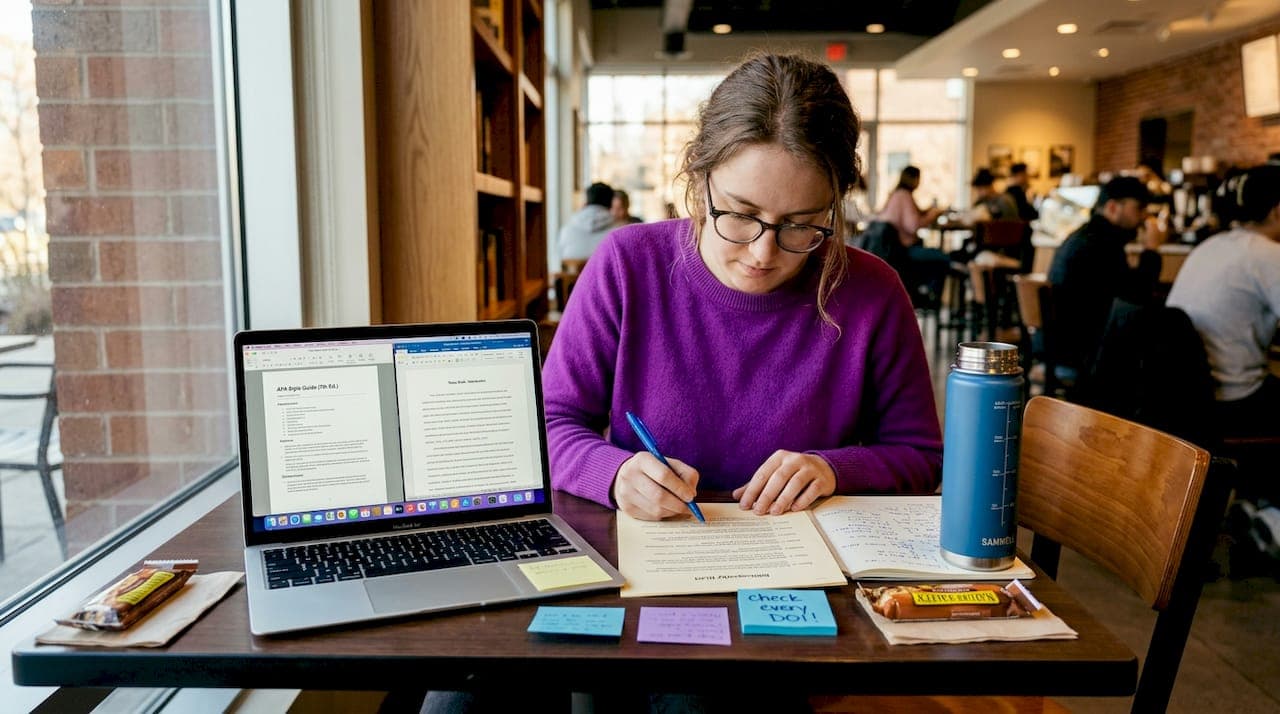 Estudiante revisando una lista de referencias académicas