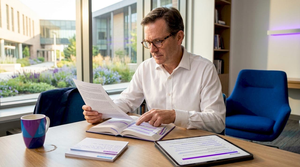 Professor verifying references at home office desk