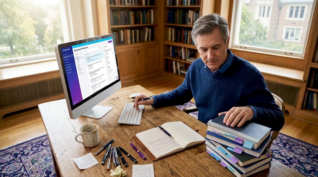 Professor erstellt Literaturverzeichnis am Schreibtisch