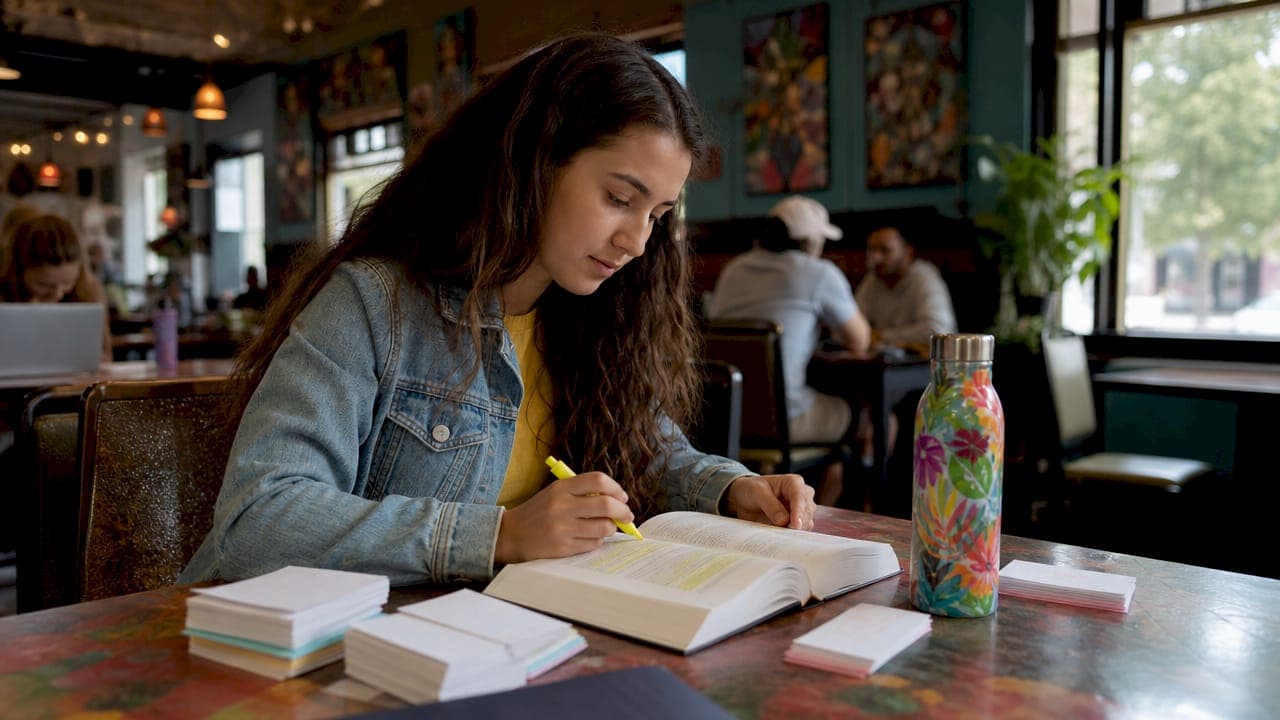 Manos resaltando el texto de un libro académico