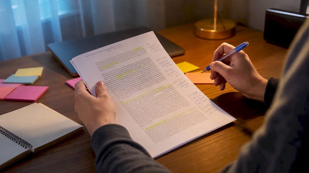 Hände, die ein Dokument mit APA-Zitiernotizen versehen