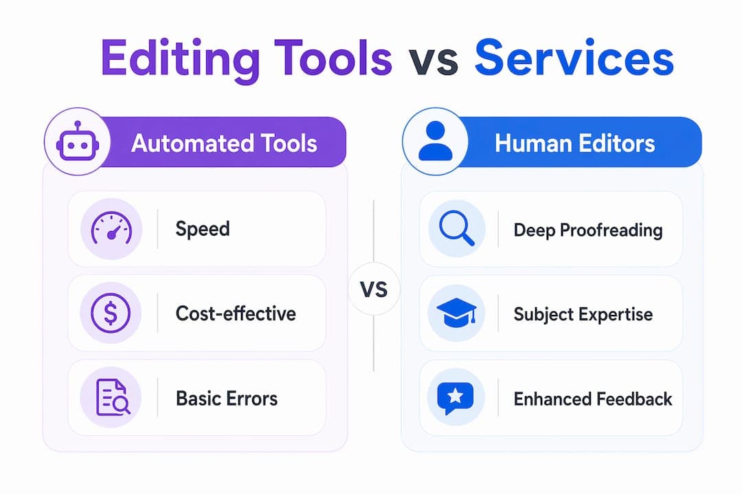 Infografía que compara herramientas automáticas de ensayos y editores humanos