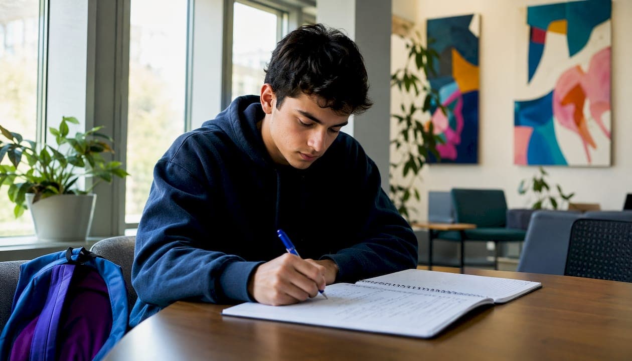 Mano di uno studente che scrive lintroduzione di un saggio su un quaderno
