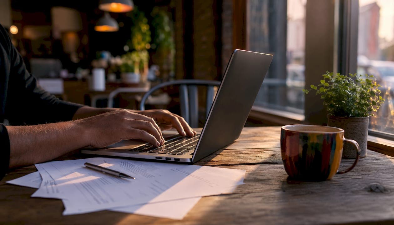 Hände tippen auf einem Laptop mit einer Recherche-Gliederung