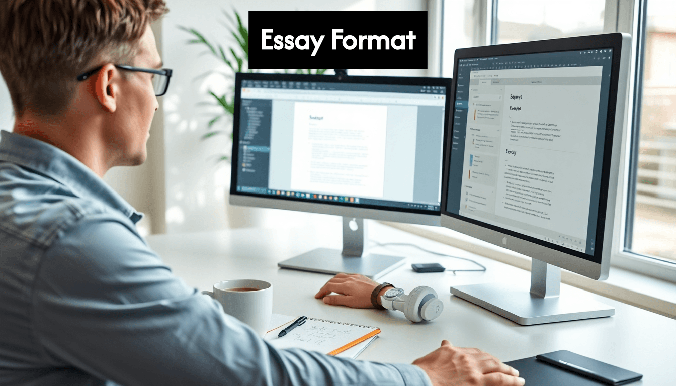 노트가 있는 컴퓨터에서 에세이를 편집하는 사람